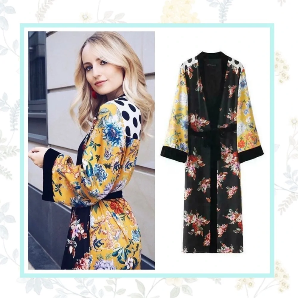 🍒 KIMONO ROBE DUSTER MIDI LONG FLOWER POLKA DOT FLORAL SLEEVE BOHO CHIC ASIAN - Picture 1 of 12